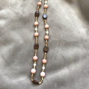 Long beaded necklace brown pink tan